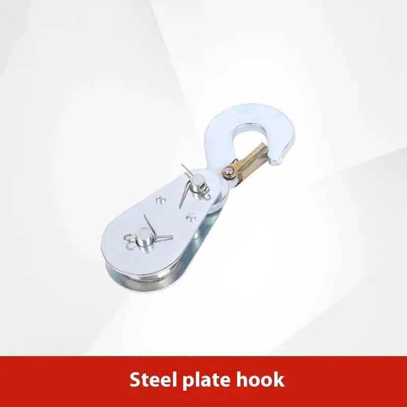 Red industrial steel lifting pulley with a safety latch on the hook for secure lifting.
