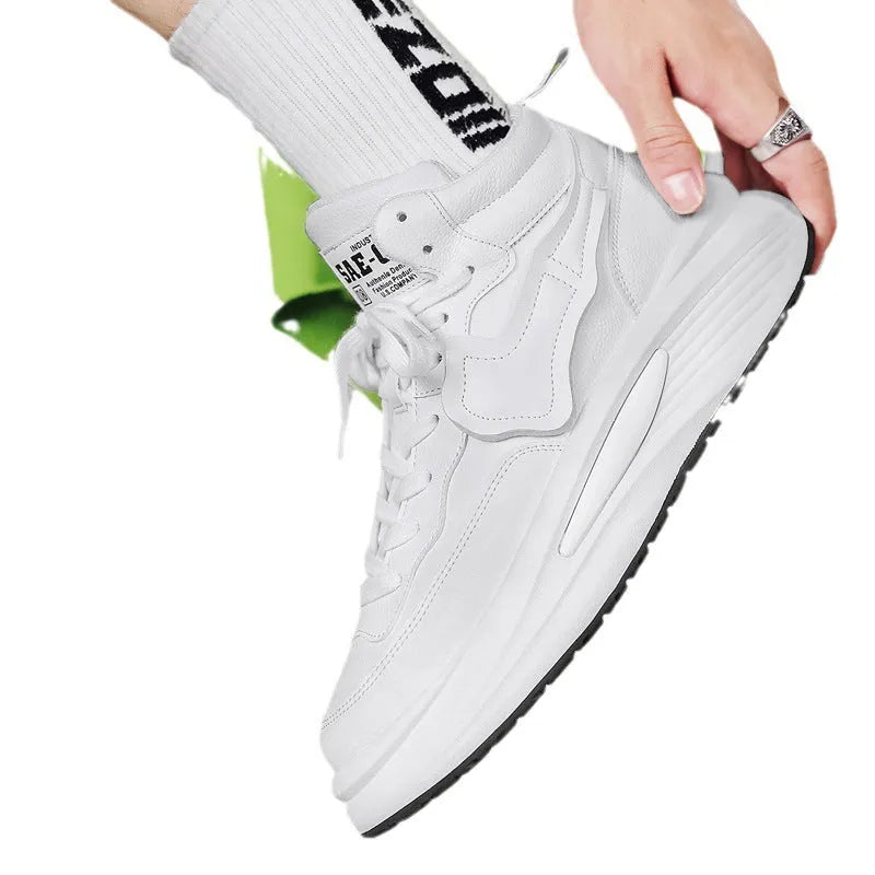 Men's black and white platform high-top board shoes with round toe and PU leather upper
