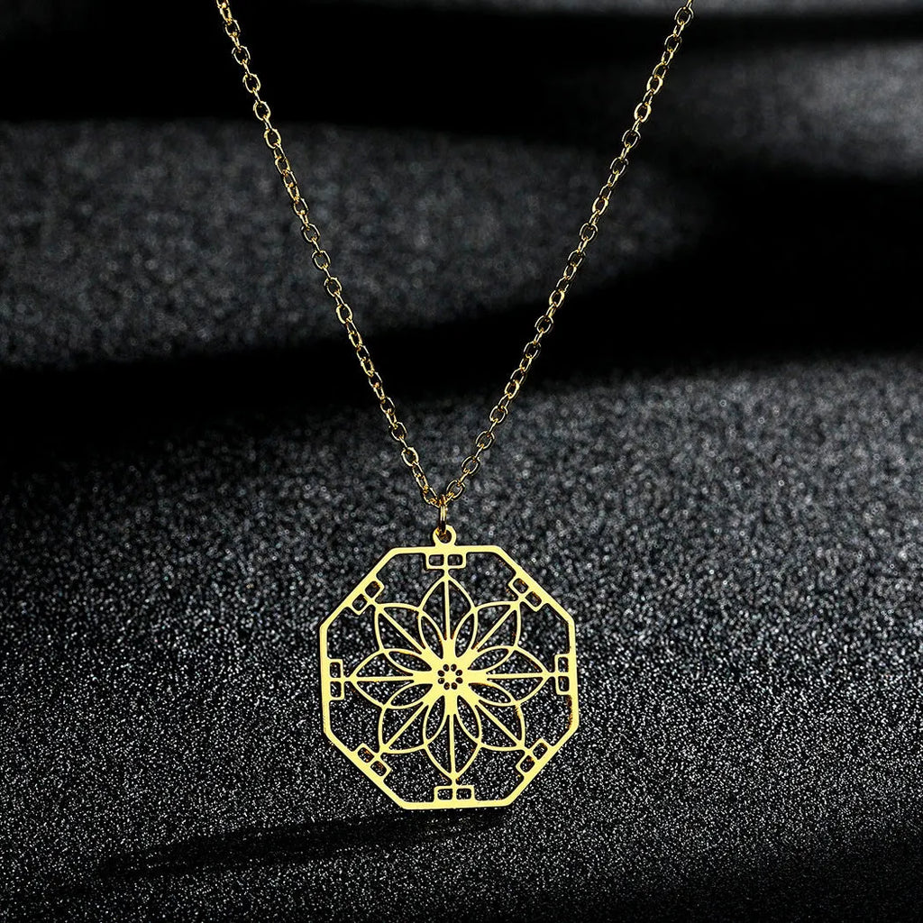 Mandala flower pendant necklace stainless steel gold colour electroplated finish
