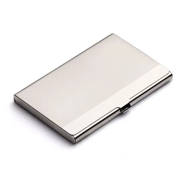 304 stainless steel business card case with geometric laser sculpture design showing horizontal format