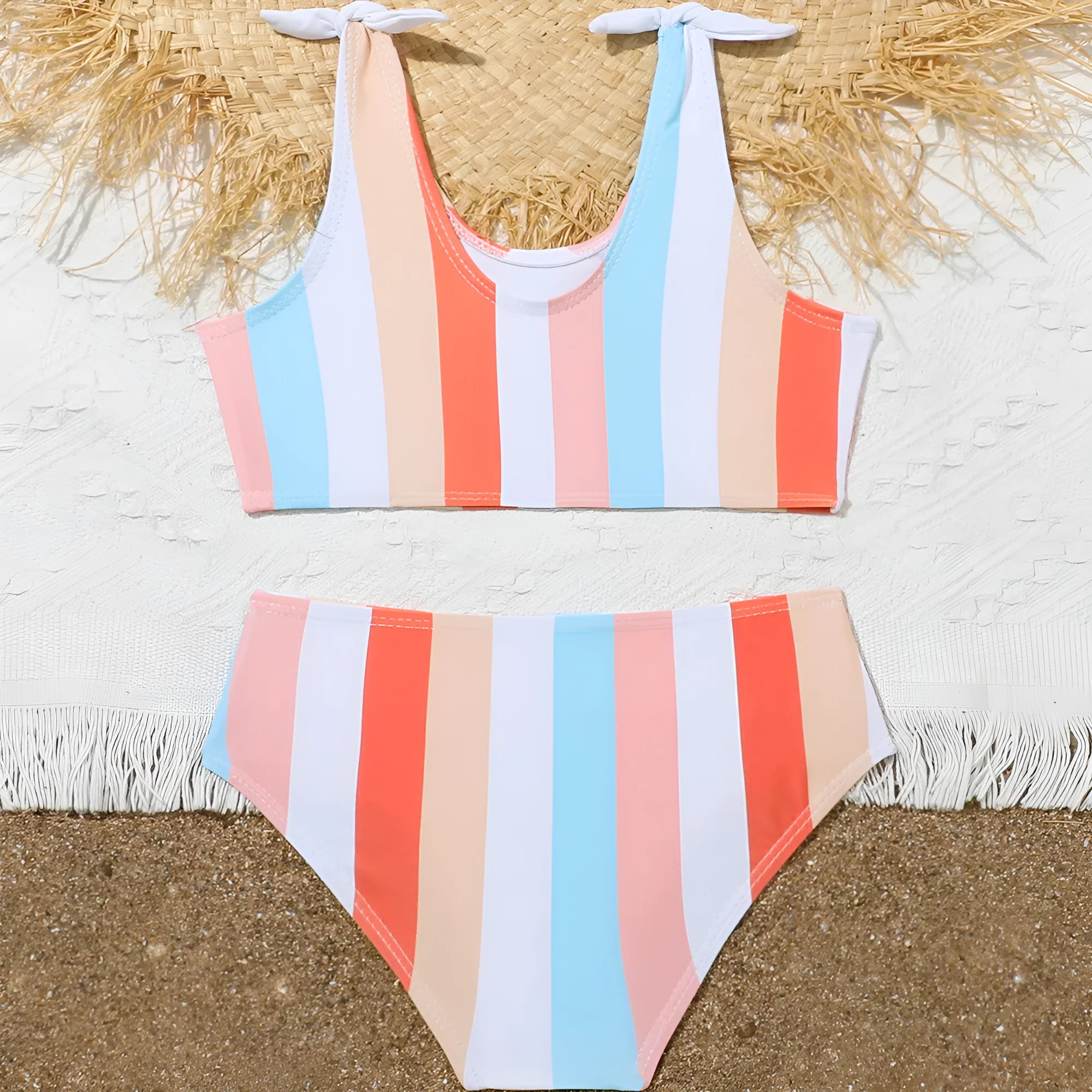 Girls' plaid print two-piece swimsuit briefs set with a bra top, made from polyester.