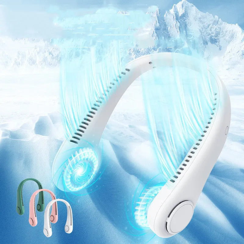 White rechargeable bladeless neck fan hanging around neck showing annular air outlet design