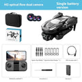 Black aerial photography drone with three cameras and HD remote control on display