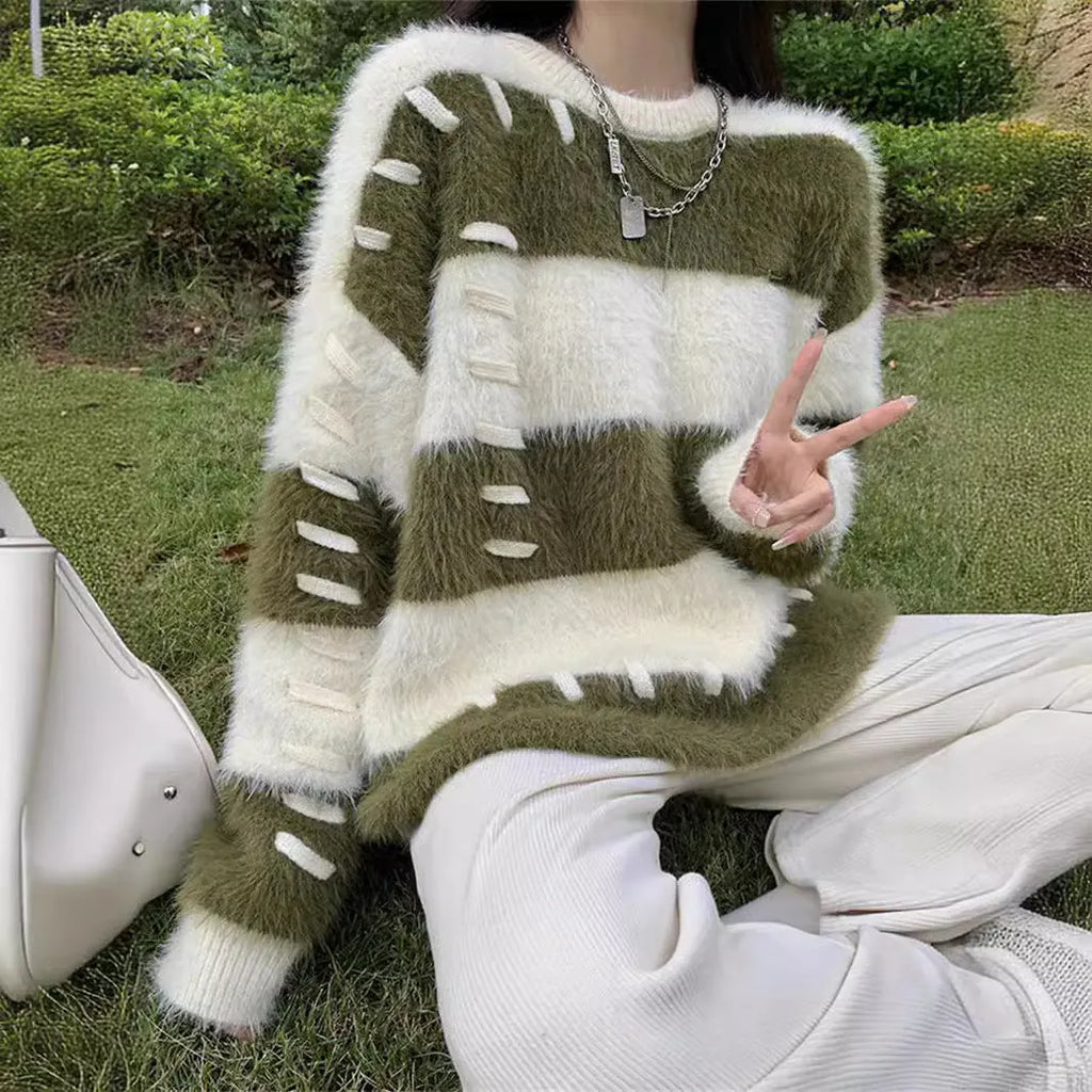 Women's loose fit striped pullover sweater in green or pink, one size, polyester