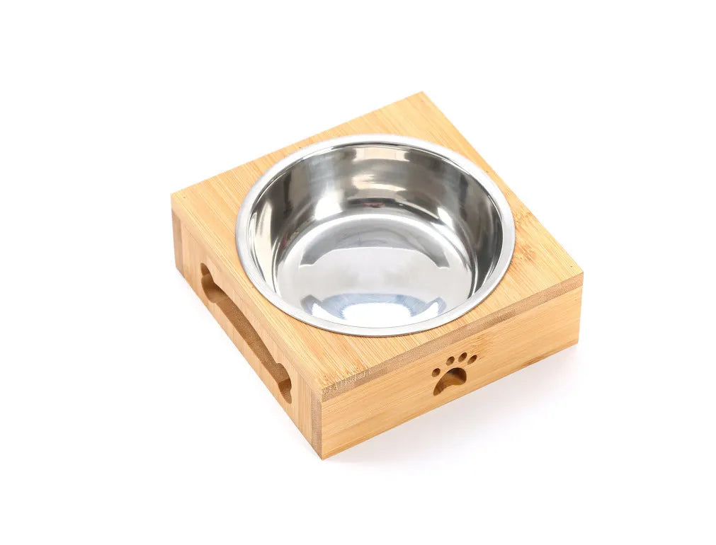 Solid wood pet dining table with stainless steel bowls in pine or bamboo finish