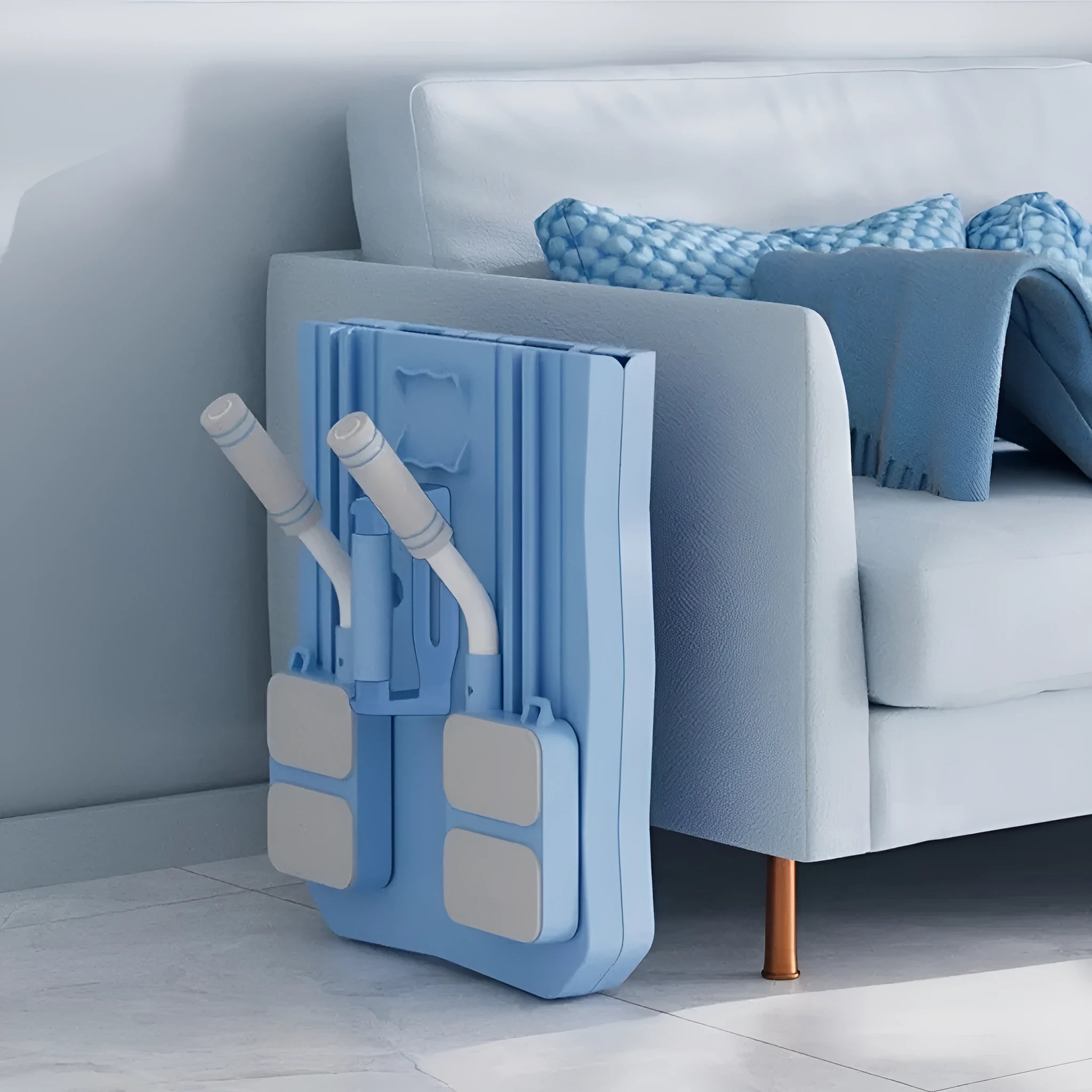 A portable blue ABS plastic fitness board for home core workouts on a flat surface.