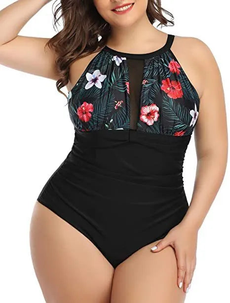 Women's lace-pattern one-piece swimsuit in black, stripes or red flower colours