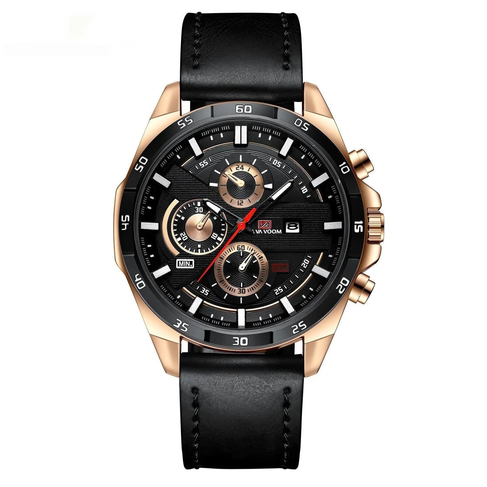 Men's slim casual watch with leather strap, showing rose gold case and white dial face option.