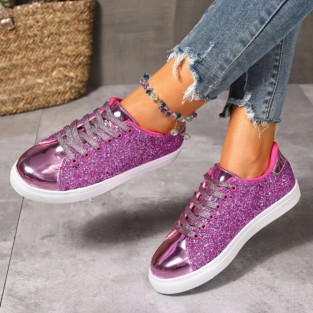 Women's plus size sequinned board shoes with front lace-up closure in black, gold, purple, and silver colour options