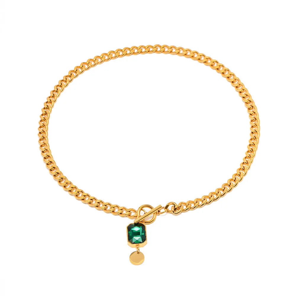 Gold electroplated emerald zircon pendant necklace on titanium steel Cuban link chain