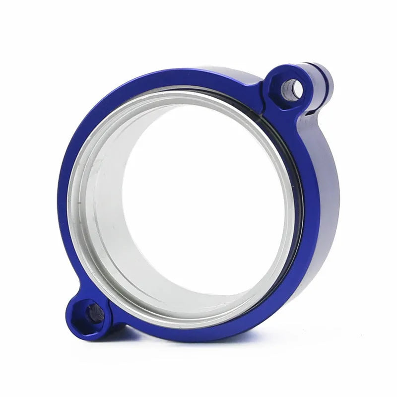 Aluminium fixed movement exhaust clamp for turbo downspouts in black, blue, and red colour options.