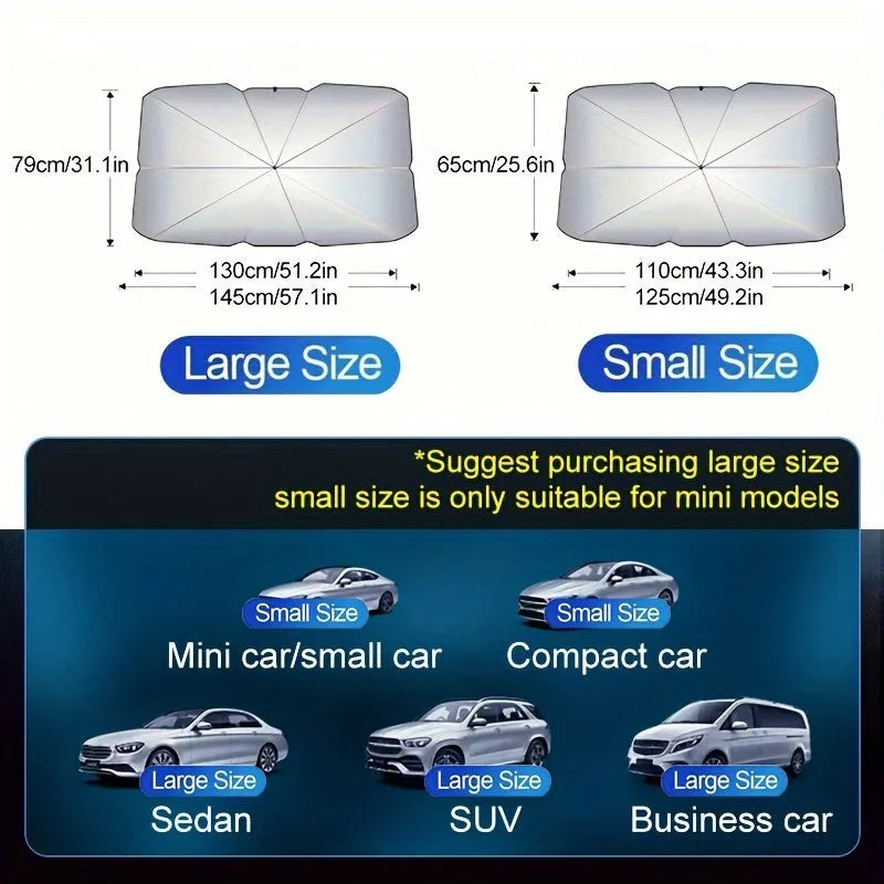 Foldable car windshield sunshade umbrella showing automatic rebound button and composite peptide material