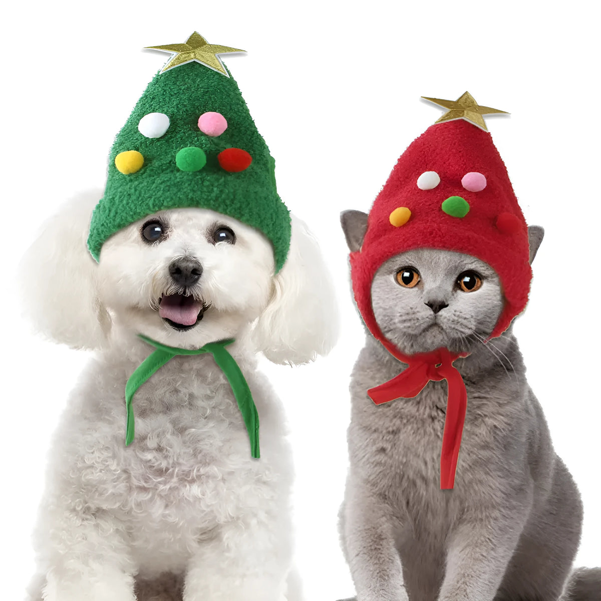 Pet Christmas tree shaped hat on a cat with adjustable chin strap, red and green polyester