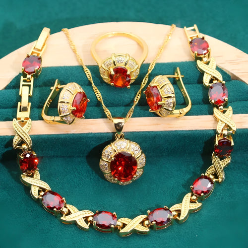 18k gold-plated necklace, earrings, ring, and bracelet set with colourful Raytheon-cut cubic zirconia stones.