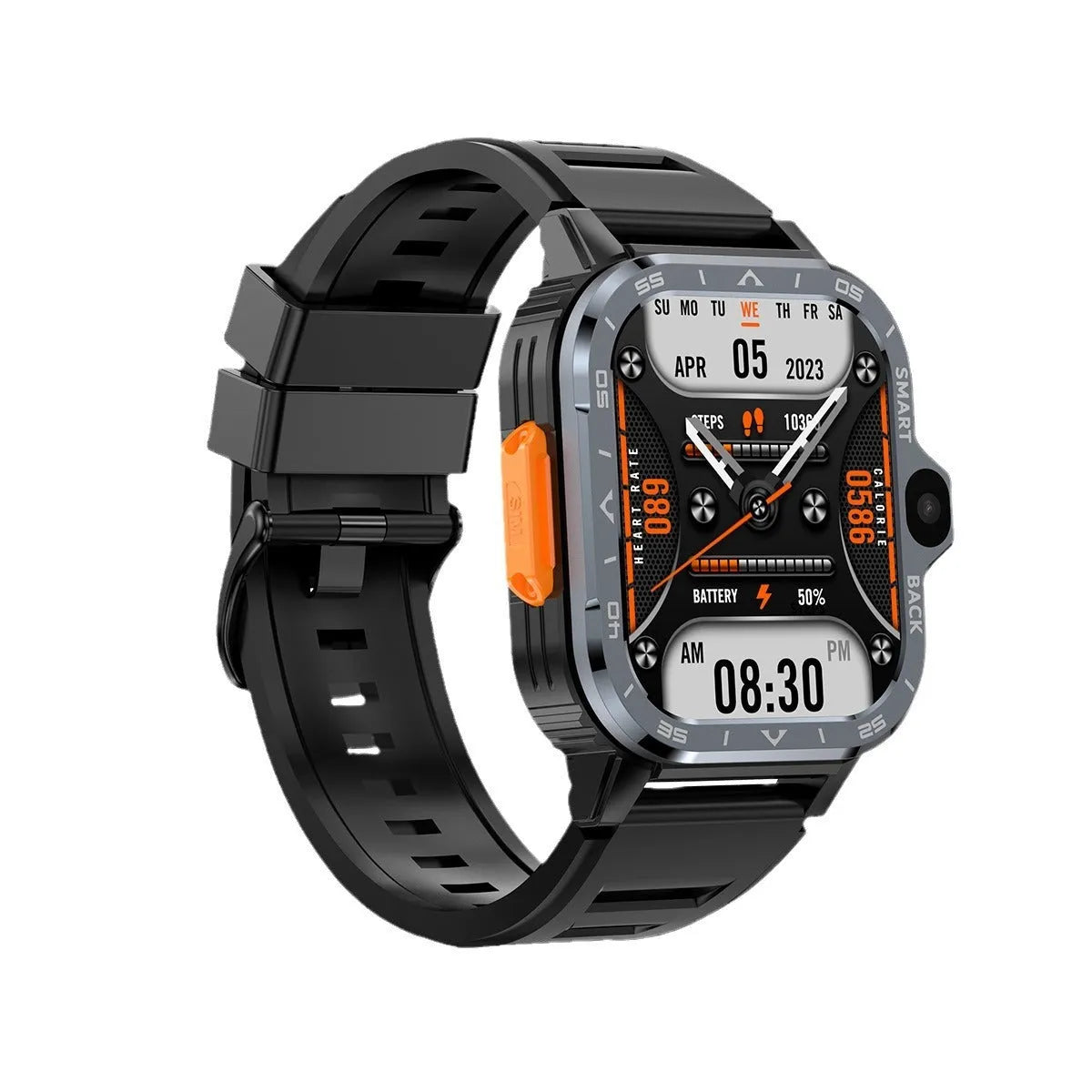 Black or silver Android smart watch with touch screen, shown as a sports bracelet on a wrist.