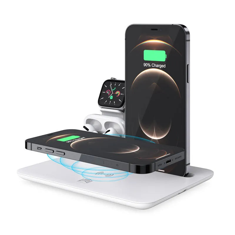 Black and white desktop wireless charging station holding a phone, watch, and headphones with a USB cable.