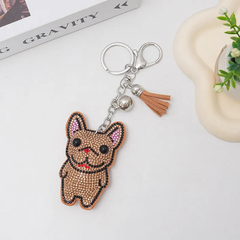 French Dog cartoon animal rhinestone keychain in electroplated colours, 5-7cm bag tassel pendant