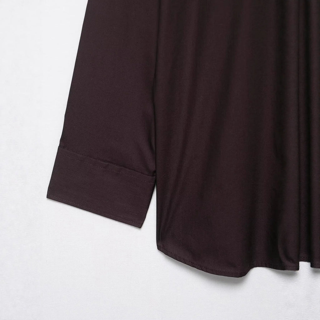 Brown women's poplin shirt with bow tie scarf detail, loose fit design