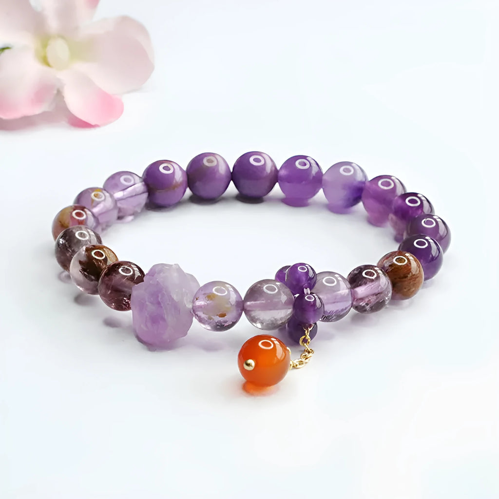 Natural nine purple amethyst crystal bracelet with red agate accents and dragon year design