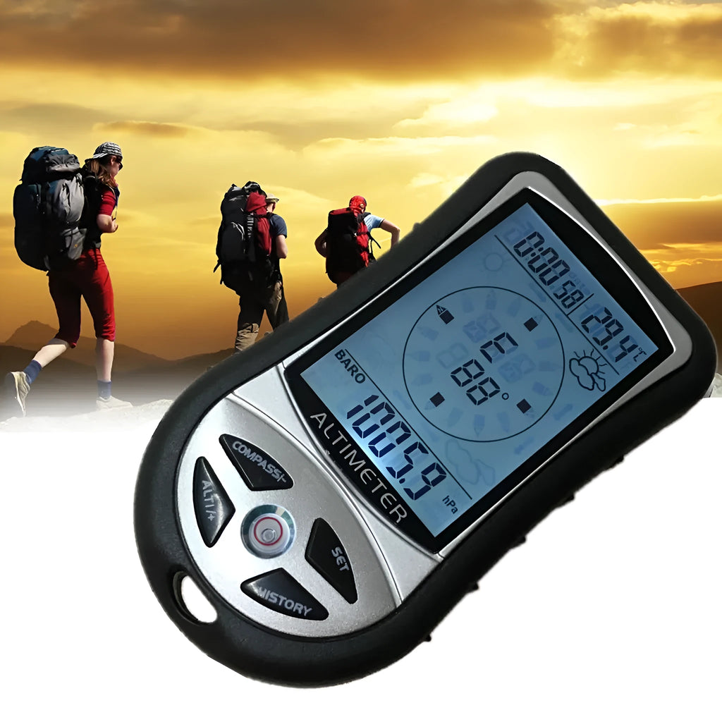 8-in-1 hand-held electronic altimeter with digital barometer, compass and thermometer, ABS body 90x50x20mm