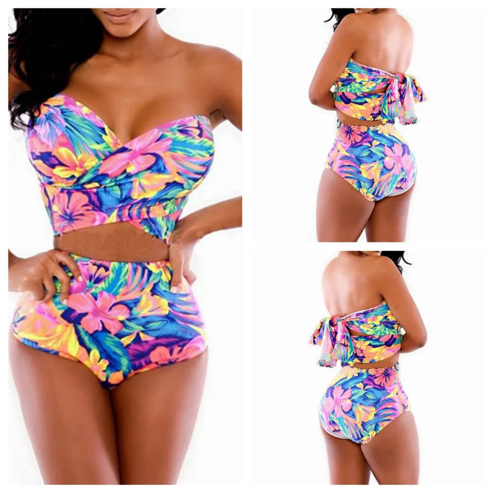 Red printed two-piece swimsuit with chest wrap design showing front and back views