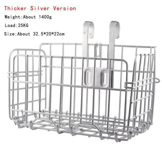Steel folding bicycle basket in black mounted on a bike, 32.5x20x22 cm size