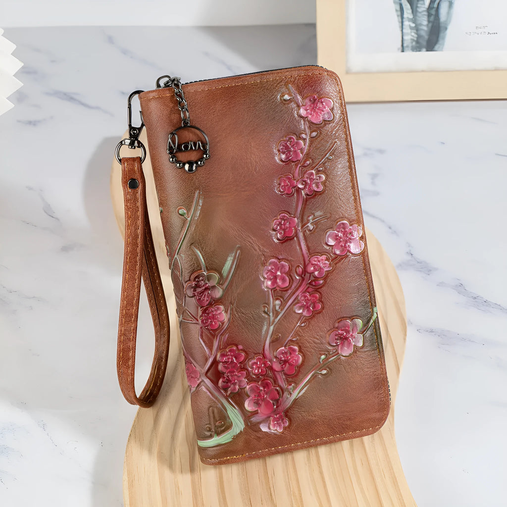 Embossed hand-painted floral pattern Chinese style zipper handbag in PU leather