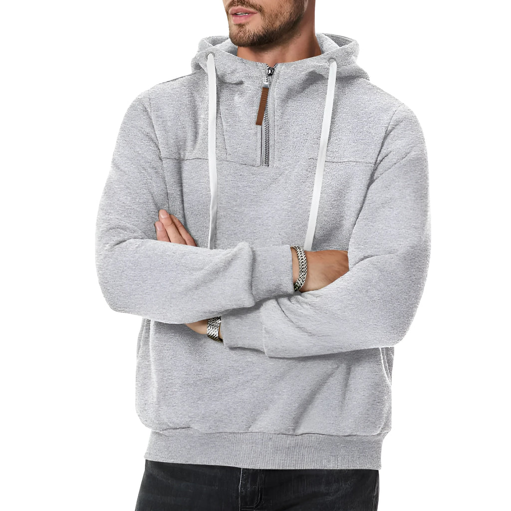 Men's zip-up hooded sweatshirt in solid colour, slim fit, with wool lining and 3D patch pocket, available in black