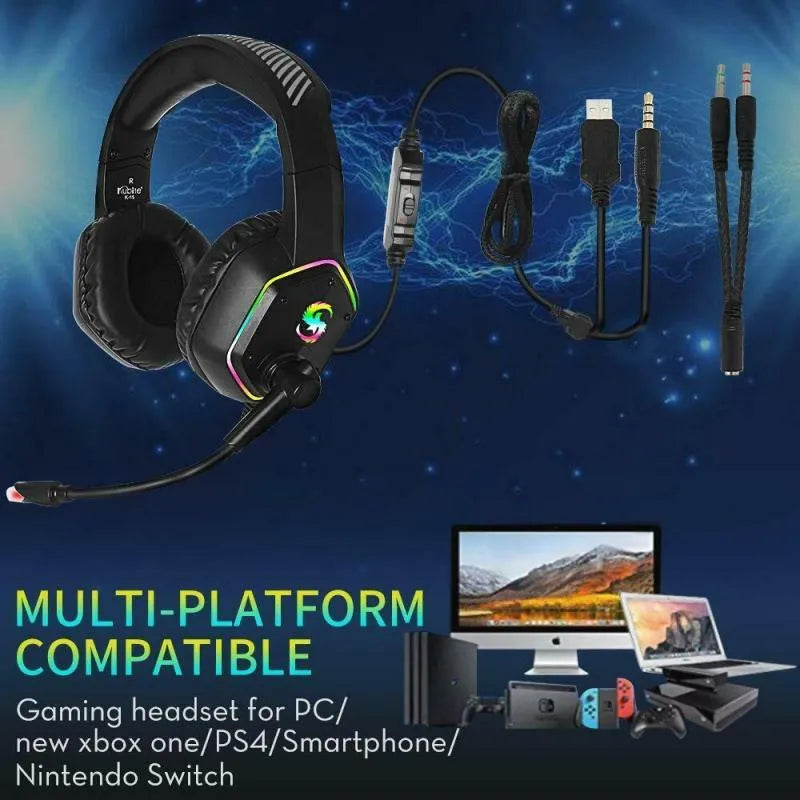 Black RGB gaming headset with soft PU leather earmuffs and 3.5mm USB cable