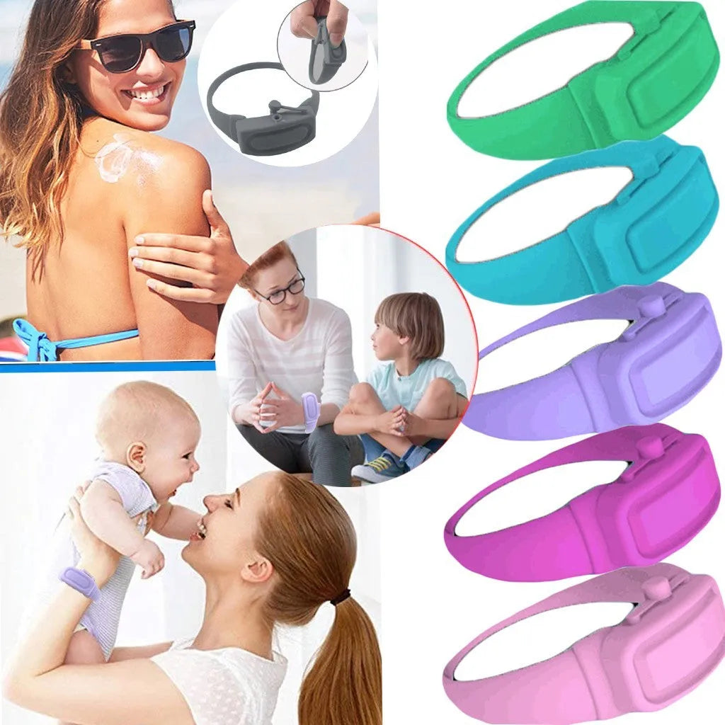 Portable hand sanitizer dispenser silicone wristband with refill cap, black band holding 6mL bottle