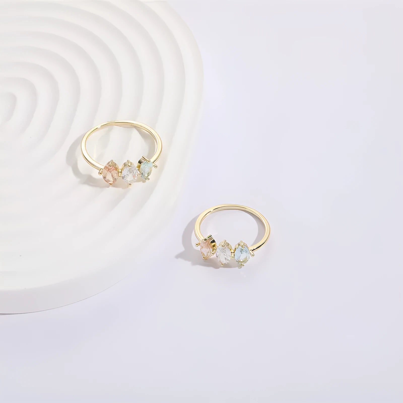 Geometric triangle birthstone ring with horse eye tricolor zircon stone in 14k gold plating