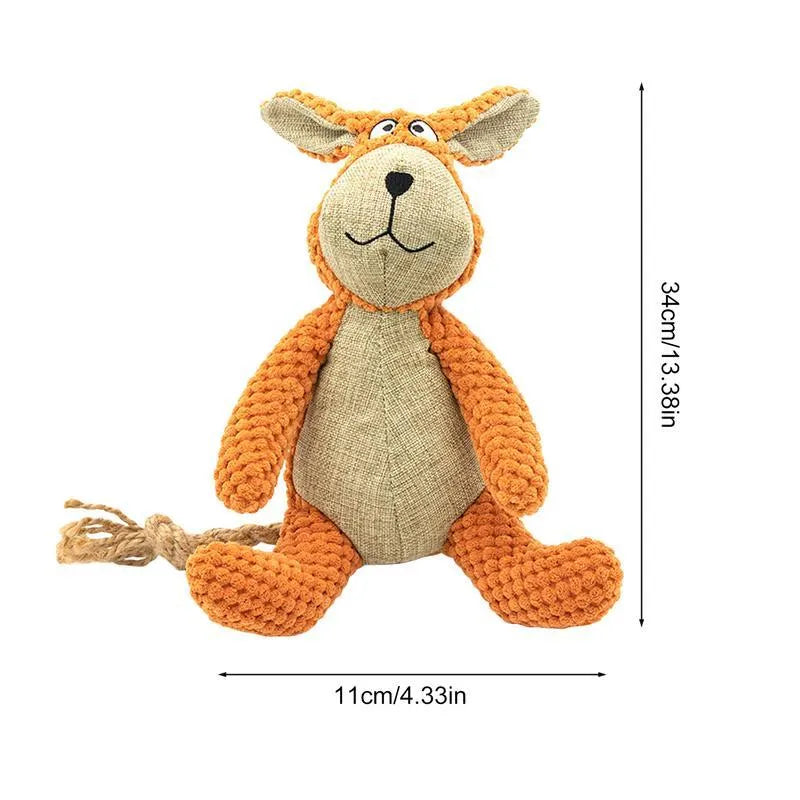 Small plush dog chew toy in animal shape with squeaker for interactive play and teeth cleaning