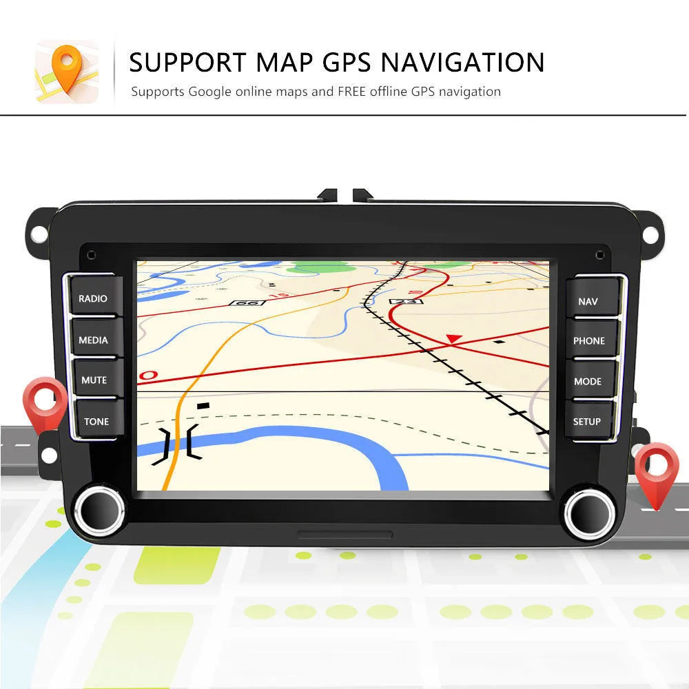 Universal Android 12 car stereo with 7-inch screen for Volkswagen, showing Carplay and app interface.