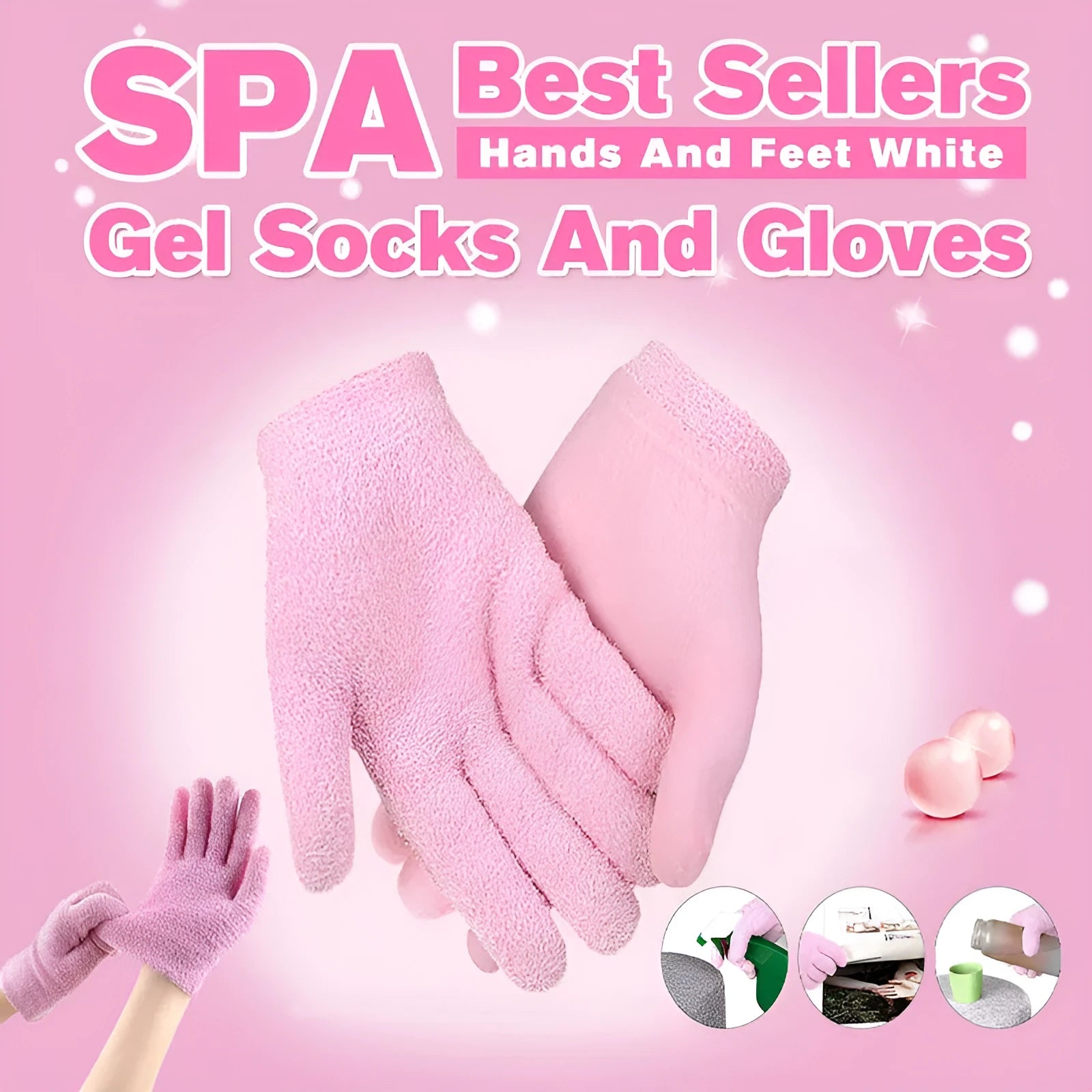 Pink reusable spa gel gloves for moisturising cracked hand skin with soft cotton spandex and Vitamin E gel lining
