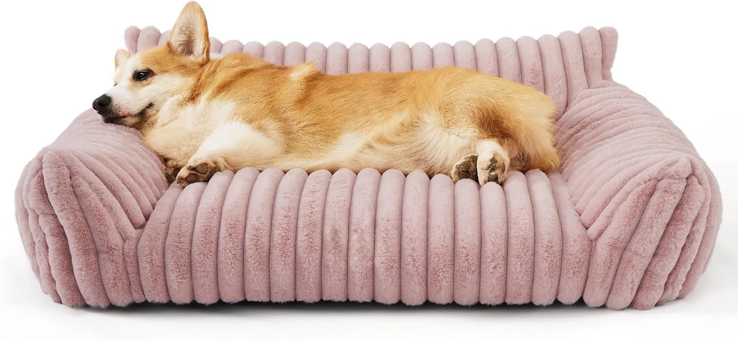 Beige corduroy cat couch with high backrest for pet support on a wooden floor.
