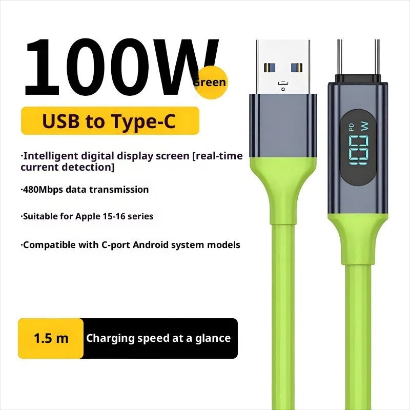 Green silicone fast charging data cable with digital display and Type-C connector