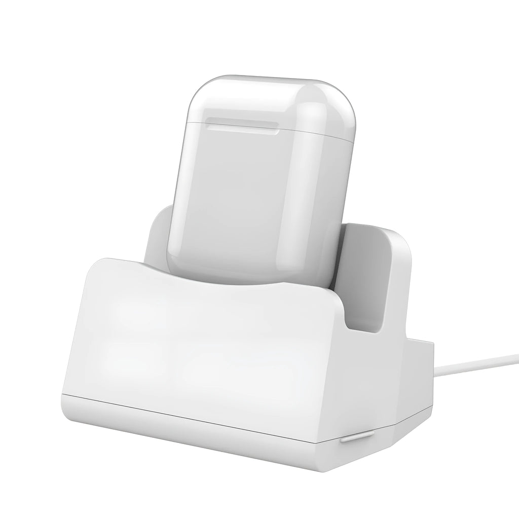 White minimalist headphone charging base on a desk or table