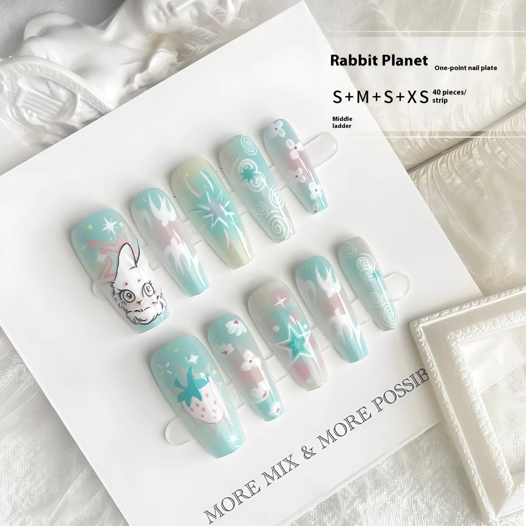Cartoon cute rabbit middle ladder fake nails with cat's paw pattern in Rabbit Planet colour, including 40 pieces with frosted and glossy finish options