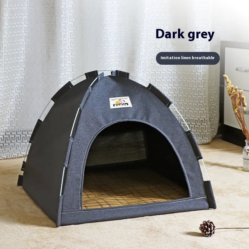 Grey removable washable pet tent bed for cats and small dogs on a wooden floor.