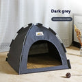 Grey removable washable pet tent bed for cats and small dogs on a wooden floor.
