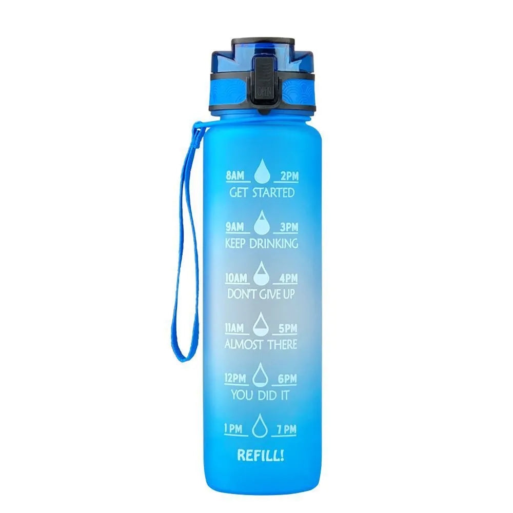 Transparent 1000ml sports water bottle with fruit infuser lid showing BPA-free Tritan plastic construction