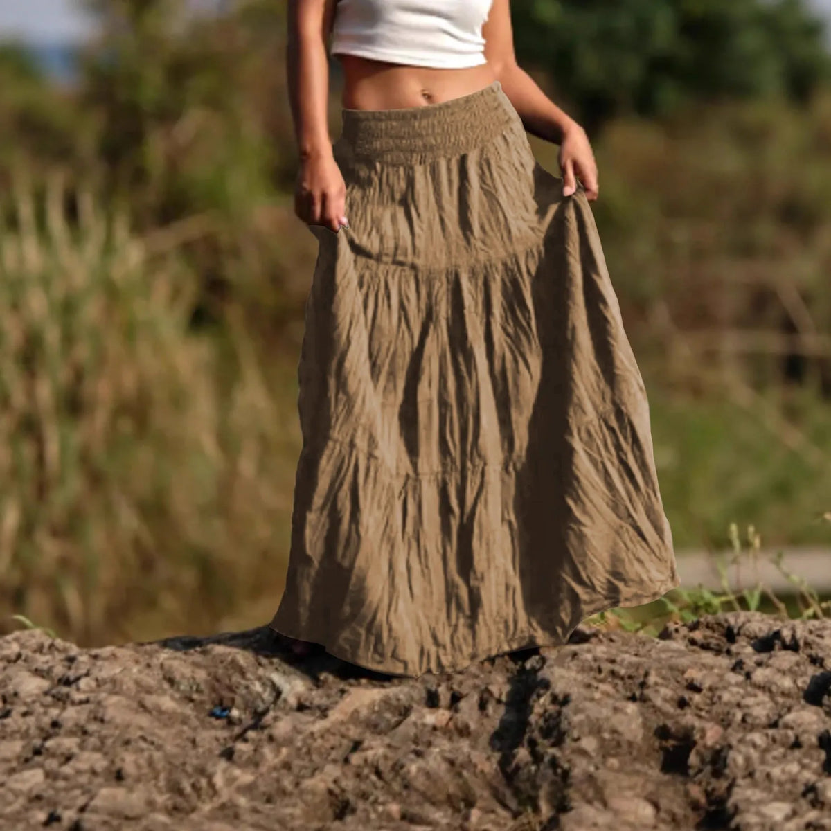 Women's mid-length waist smocking retro viscose patchwork skirt with folding detail