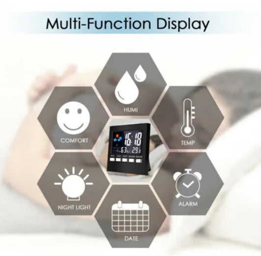 Black multifunctional perpetual calendar alarm clock thermometer with voice-controlled backlight and weather forecast display