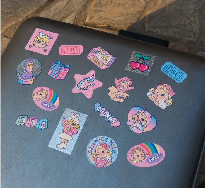 Cartoon sticker set with 16 PVC stickers and storage box for DIY decoration