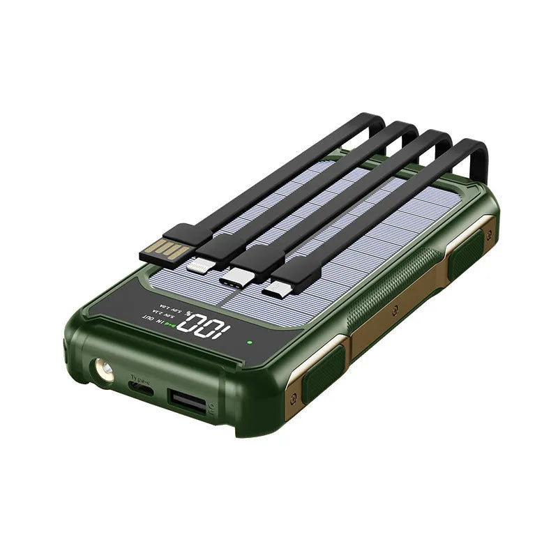 Military-grade mobile power bank in black, green, or orange, showing compact size next to a smartphone for scale.