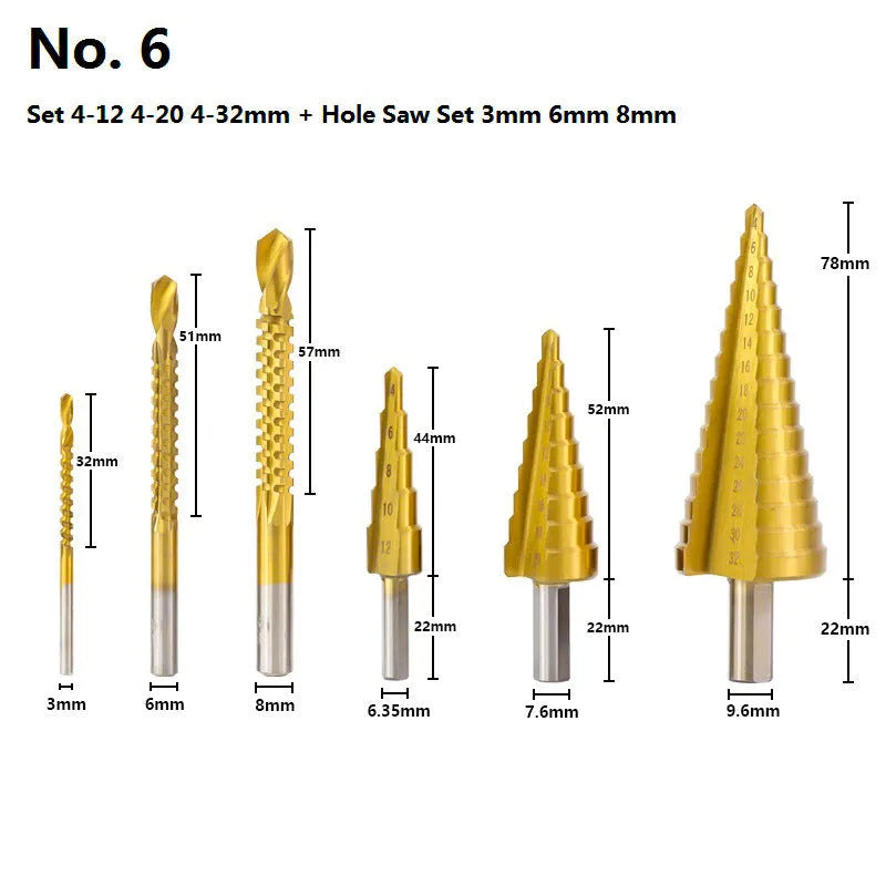 HSS steel cone drill bit and centre punch set for metalworking with step drill design