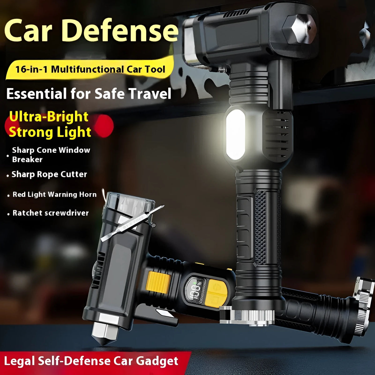 Automobile safety hammer flashlight in ABS with 1800mAh battery, red warning light, power bank, and 16 functions.