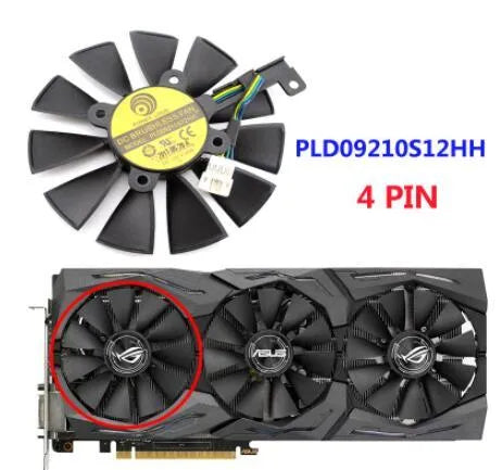PLD09210S12M 87mm square graphics card cooling fan with 4-pin connector for ROG Strix GPUs.