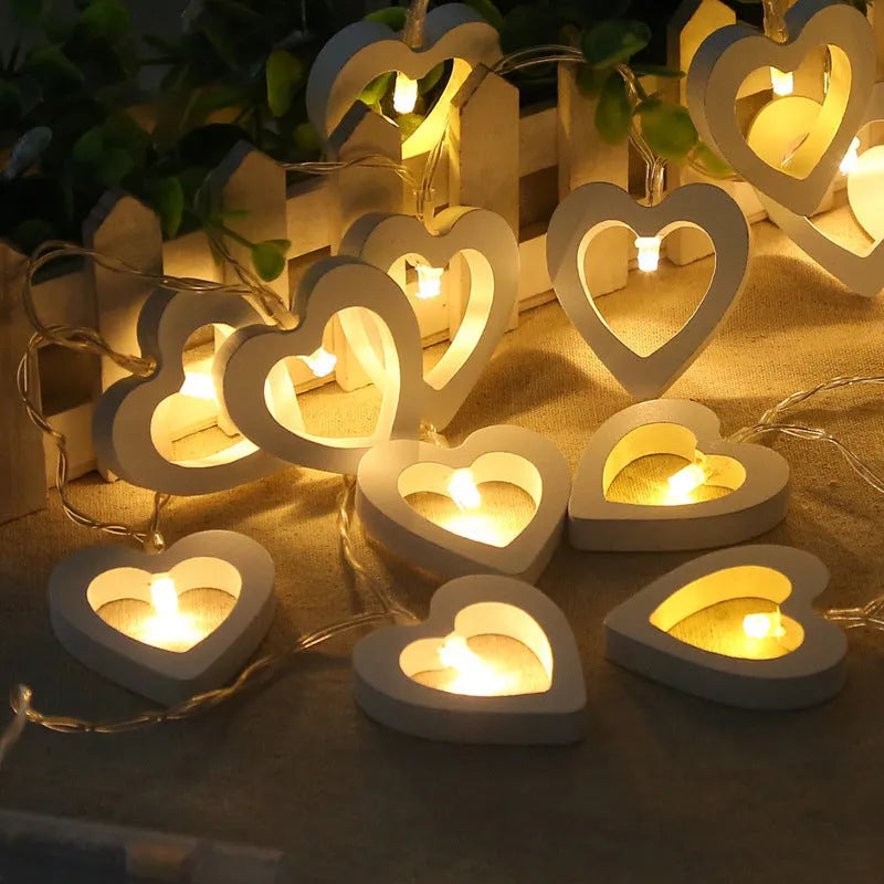 Wooden love lantern string lights in warm white, 1.5m and 3m lengths, battery box or USB powered