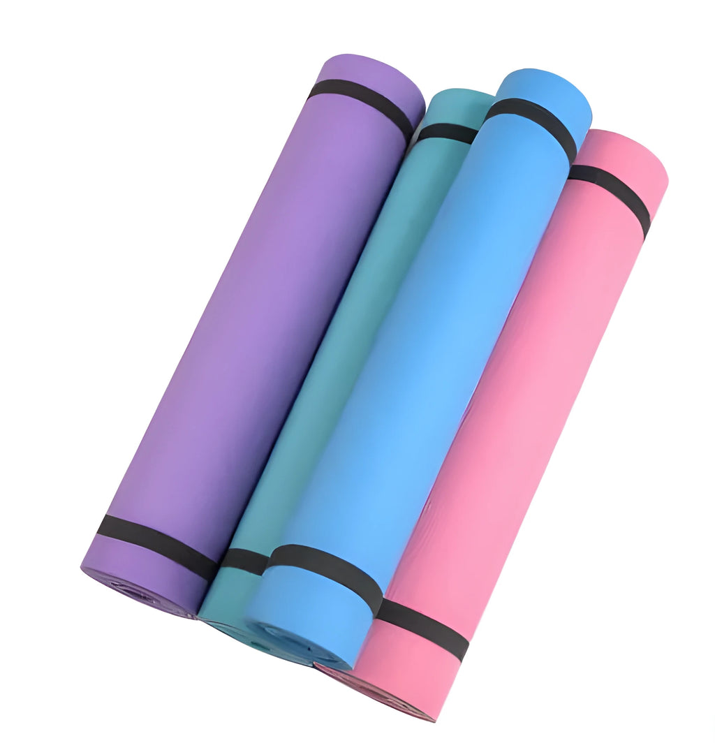 Red and blue EVA yoga mats showing 4mm and 6mm thickness options rolled up with storage bag.